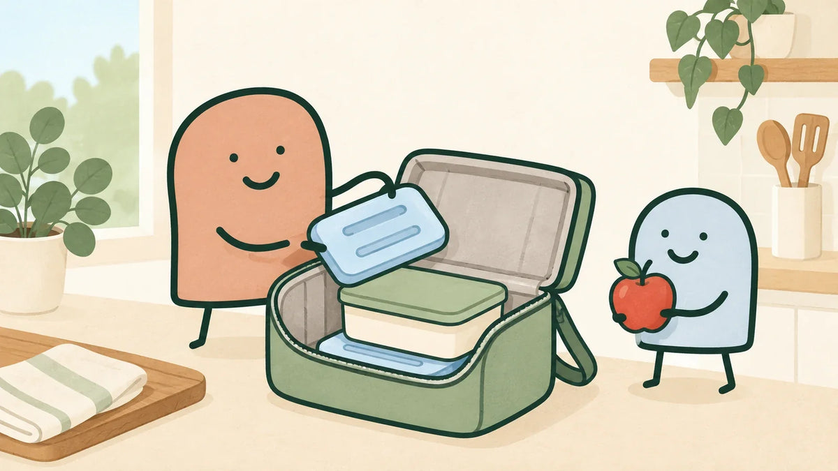Terracotta character placing two blue cold packs around a food container in an insulated lunch bag while a blue companion holds a whole apple.