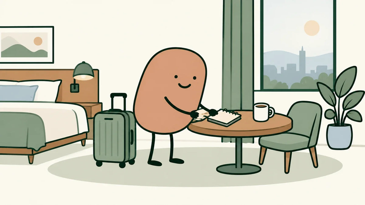A traveler sets a notebook beside a cup in a hotel room, with a suitcase nearby.