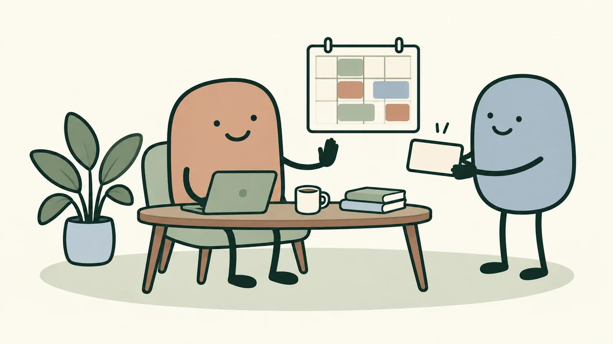A person raises a hand as a companion offers an appointment card beside a calendar.