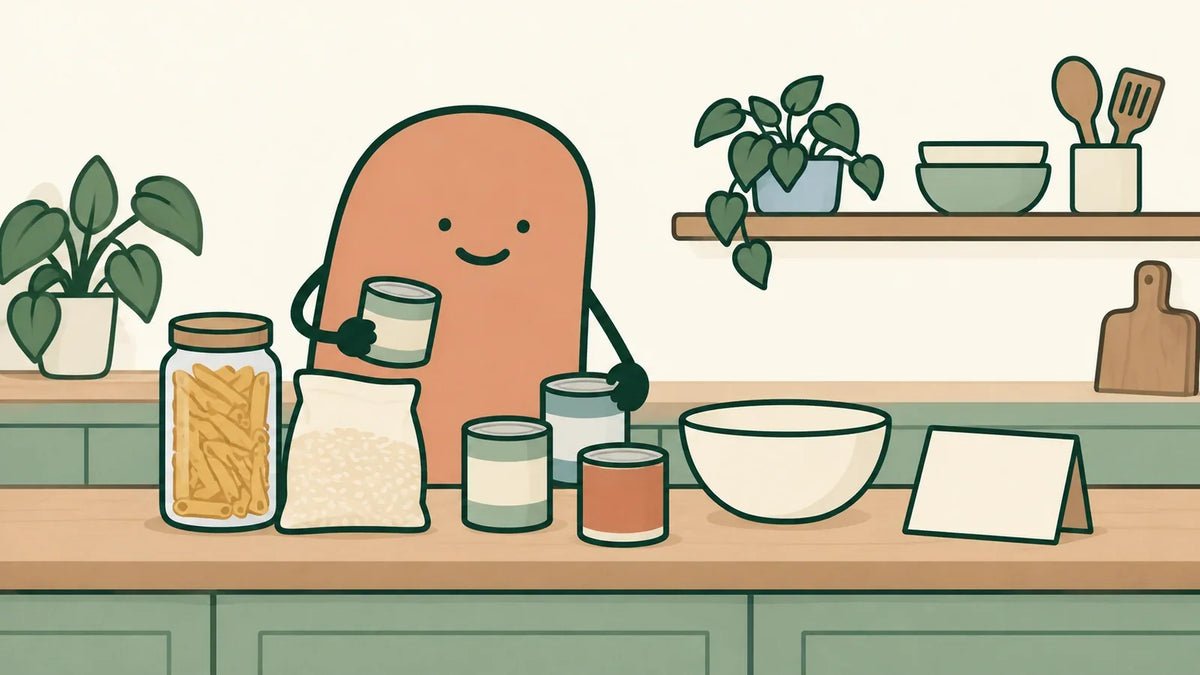 A person arranges pantry cans, rice and pasta beside a bowl and a blank planning card.