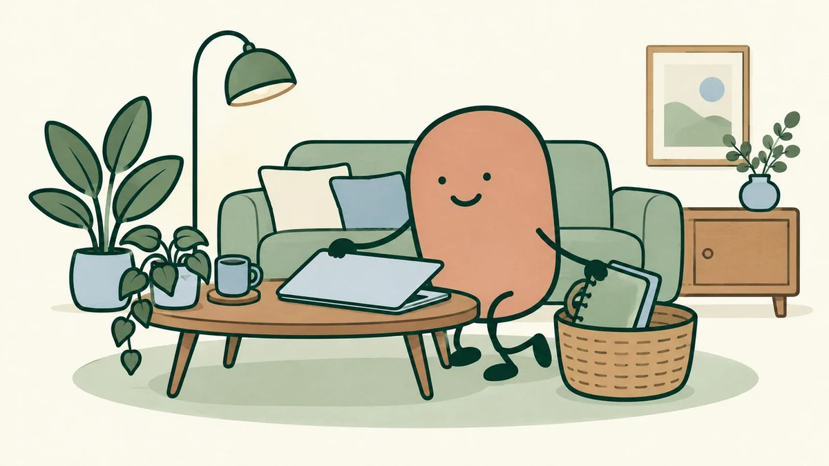 A terracotta character closes a laptop and puts a notebook into a basket beside a living room sofa.