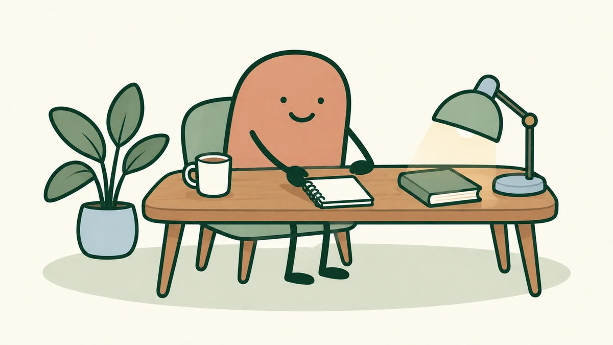 A terracotta character moves a small notebook closer on a table beside a mug, closed book, and lamp.