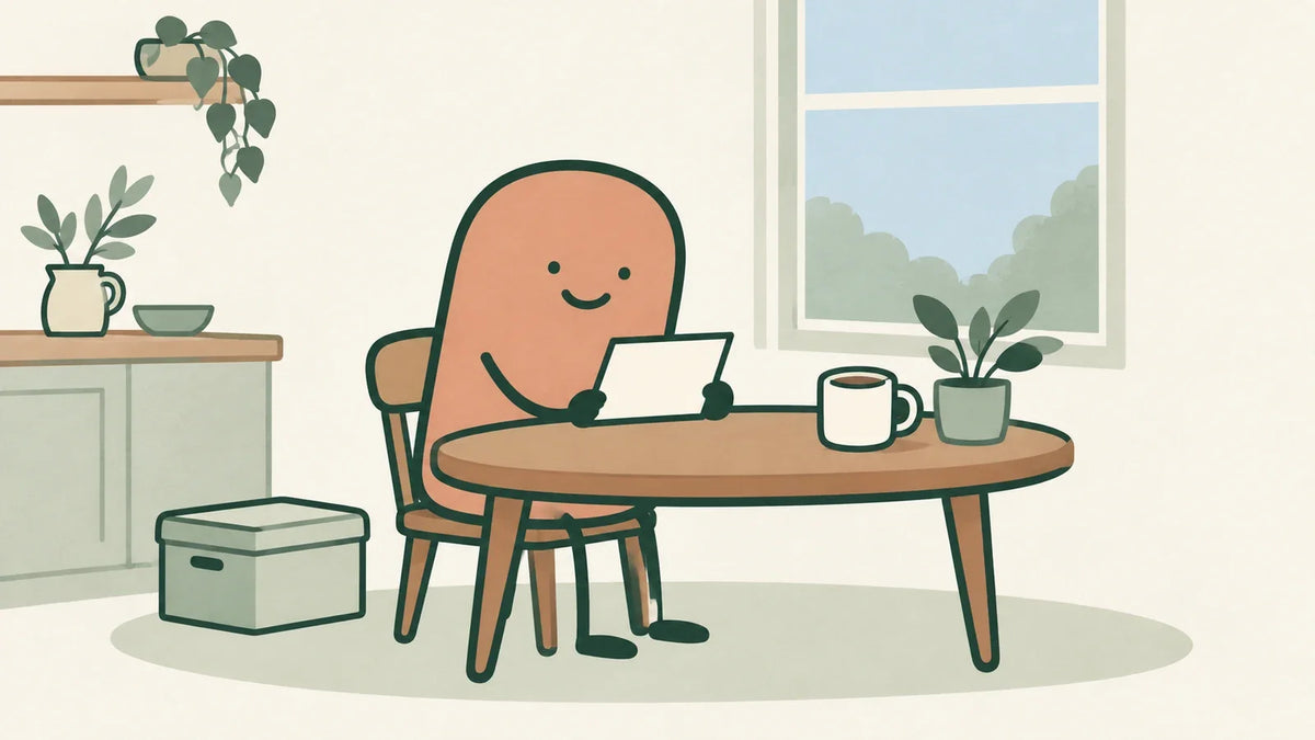 A terracotta companion looks at a planning card at a kitchen table, with a storage box set aside on the floor.