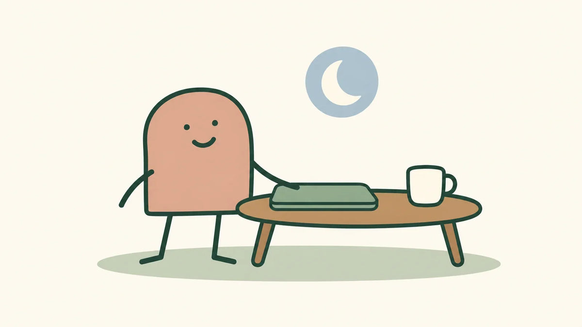 A calm illustrated companion beside a closed laptop, a mug and an evening crescent.