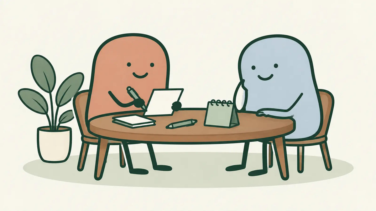 A terracotta character writes a short note while a blue companion listens across a table.
