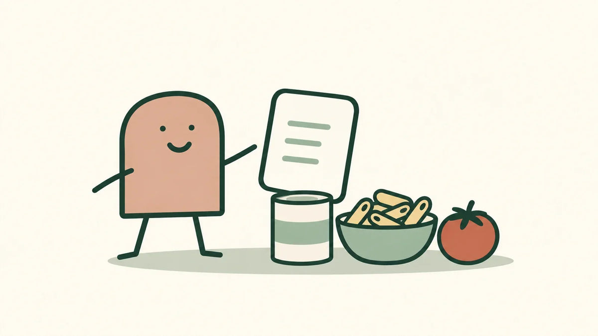 An illustrated companion beside a grocery note, a can, a tomato and a bowl of pasta.
