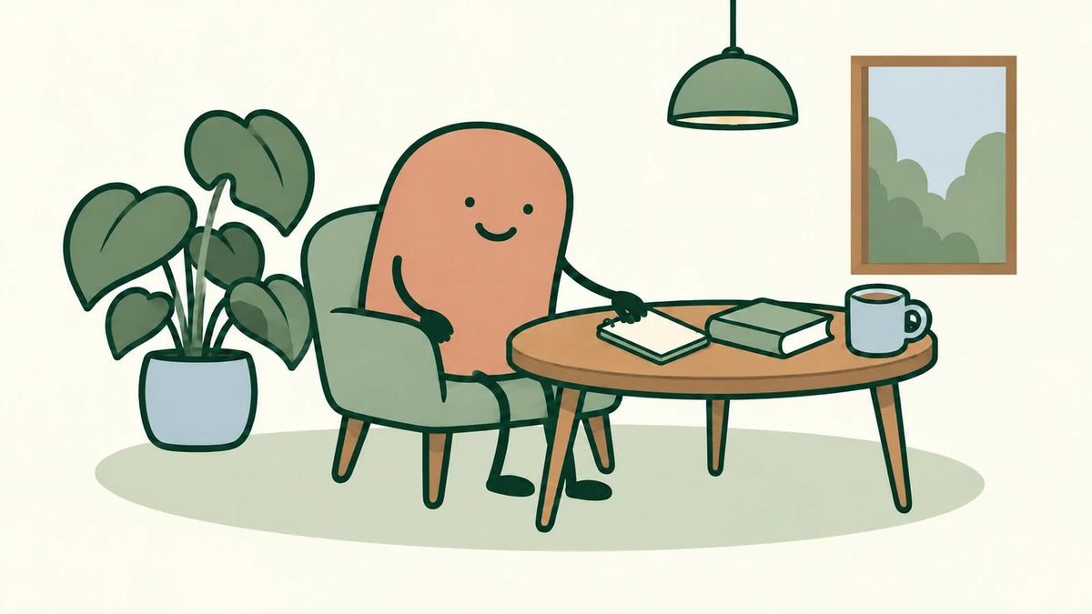 Terracotta character rests a hand on a small closed notebook with one binding edge, beside a green book and blue mug.