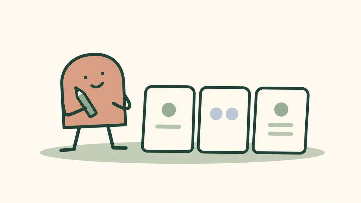 A character holds a pencil beside three observation cards with different dots and short lines.