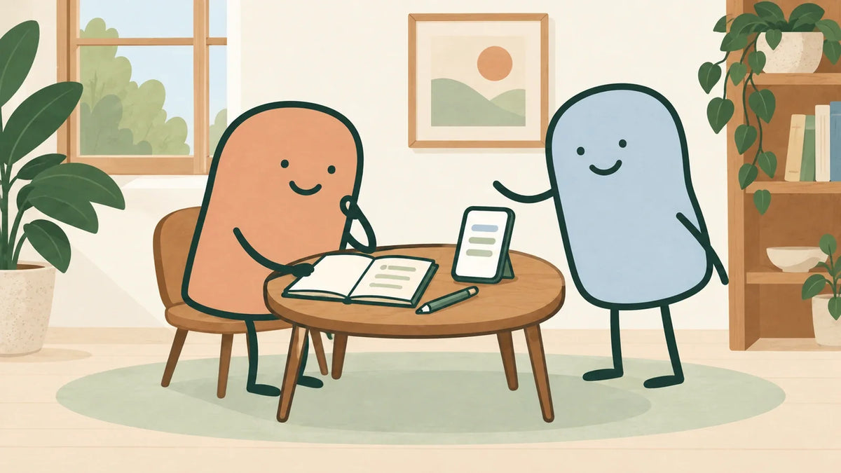 A terracotta character considers a paper notebook and phone on a round table while a pale blue companion stands nearby.