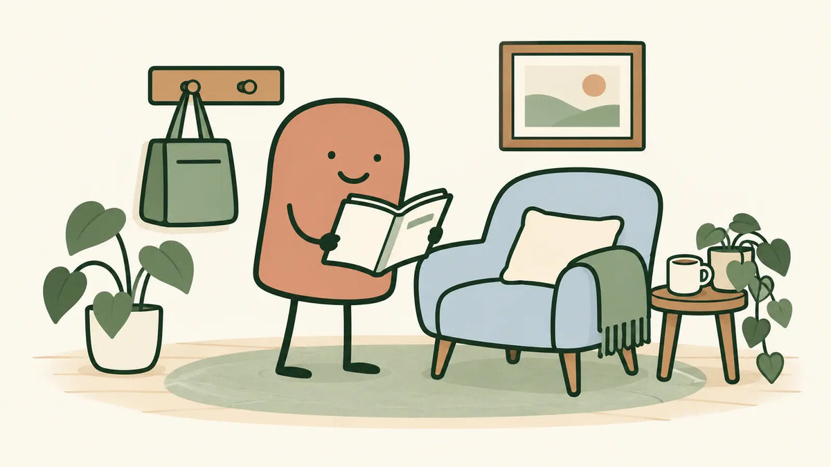 A terracotta character reads beside a pale-blue chair after hanging a sage bag near the entrance.