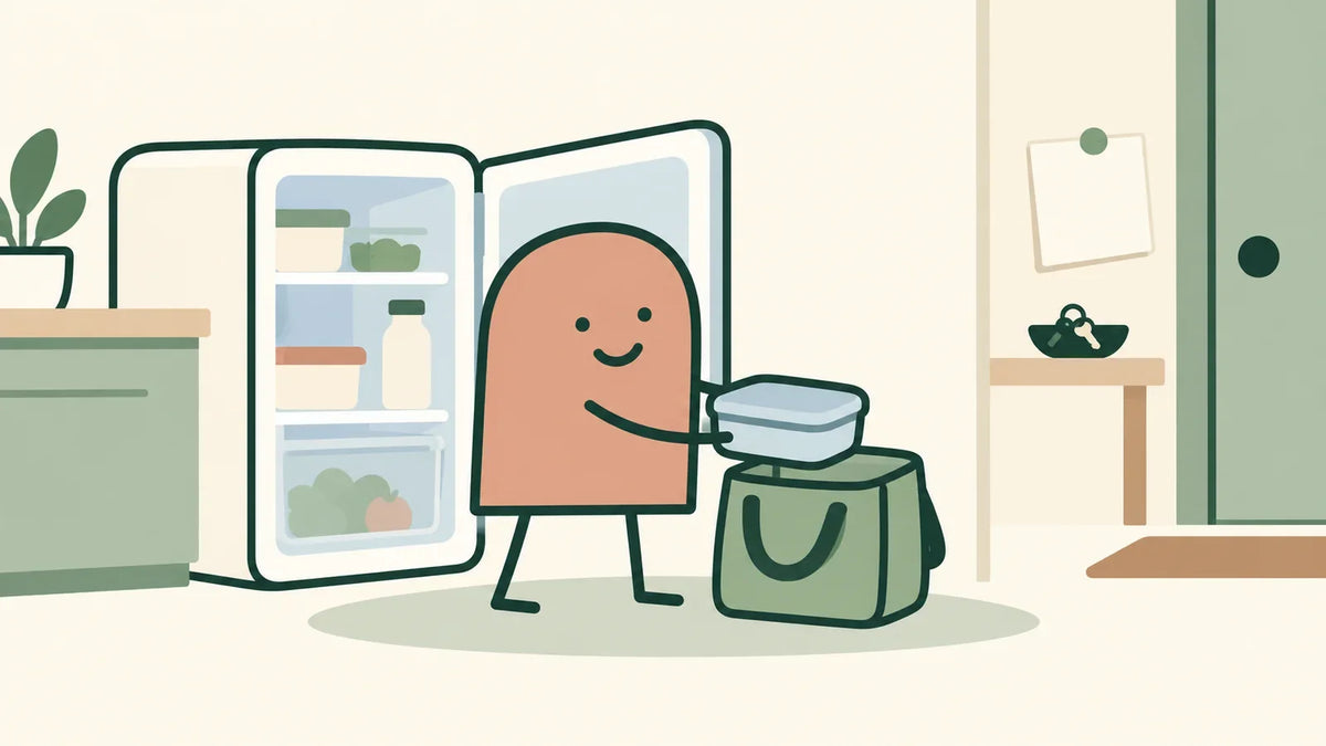 A terracotta character transfers a closed lunch container from an open refrigerator toward a sage lunch bag.