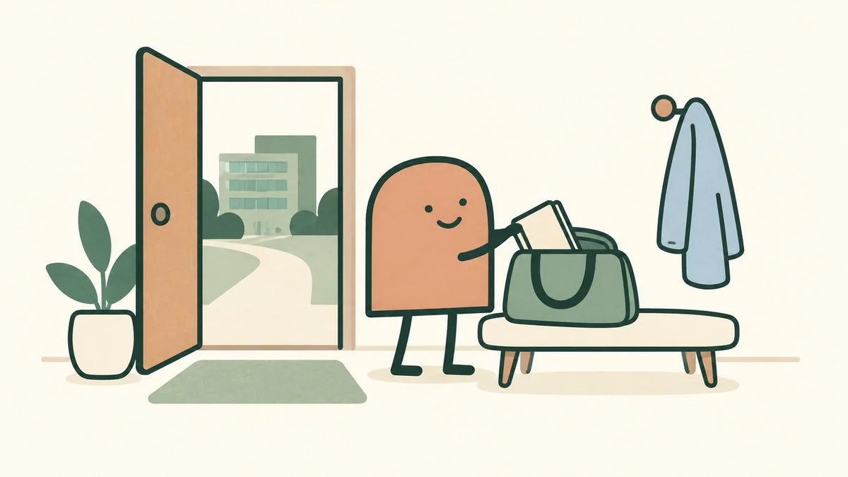 A terracotta character puts a notebook into a work bag beside a hanging blue coat and an open doorway.