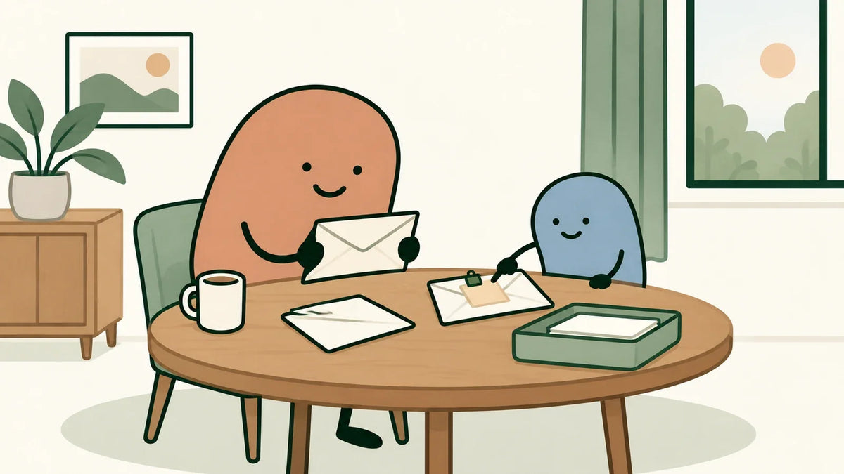 Terracotta character holds an envelope while a blue companion points to a note beside a tray of papers on a home table.