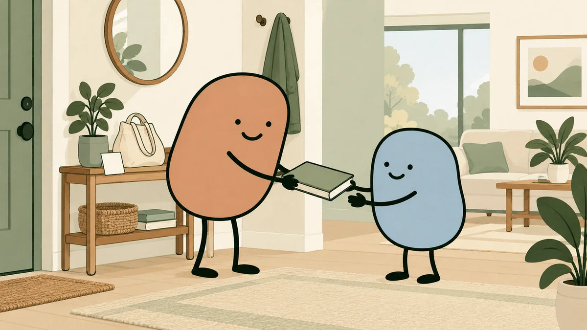 Terracotta character hands a closed green book to a blue friend beside an entryway shelf with a tote and blank note.