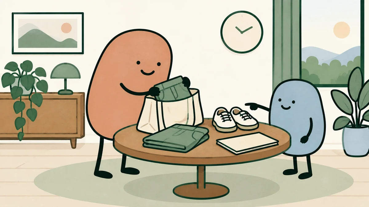 Terracotta character packs clothing into a tote while a blue companion points to shoes beside a closed folder.