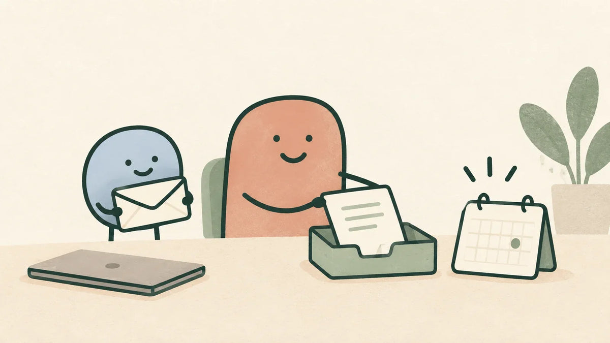 Terracotta character places a document in a sage tray beside a calendar with one marked date while a blue companion holds an envelope.