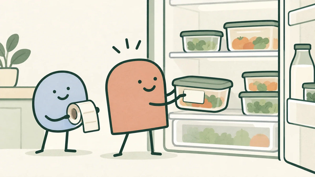 Terracotta character attaching a blank label to a food container at an open refrigerator while a blue companion holds a roll of labels.