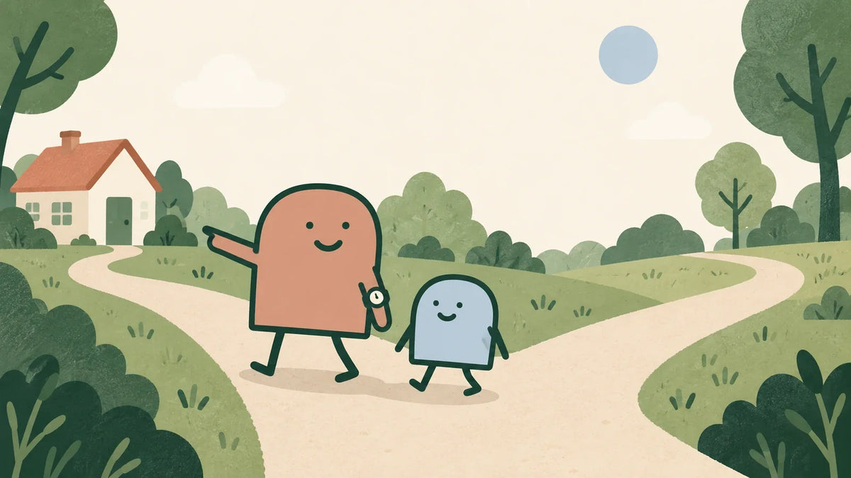 Terracotta character wearing a watch and pointing toward a nearby home on a park path beside a blue companion.