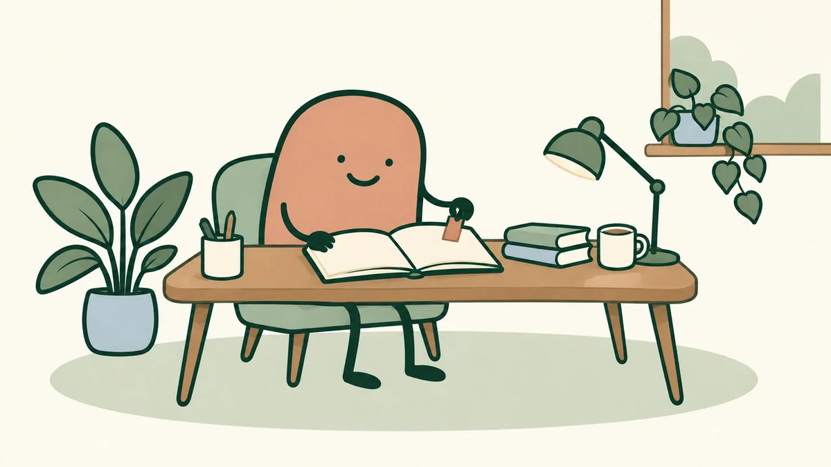 A person holds a bookmark over an open notebook at a quiet desk.