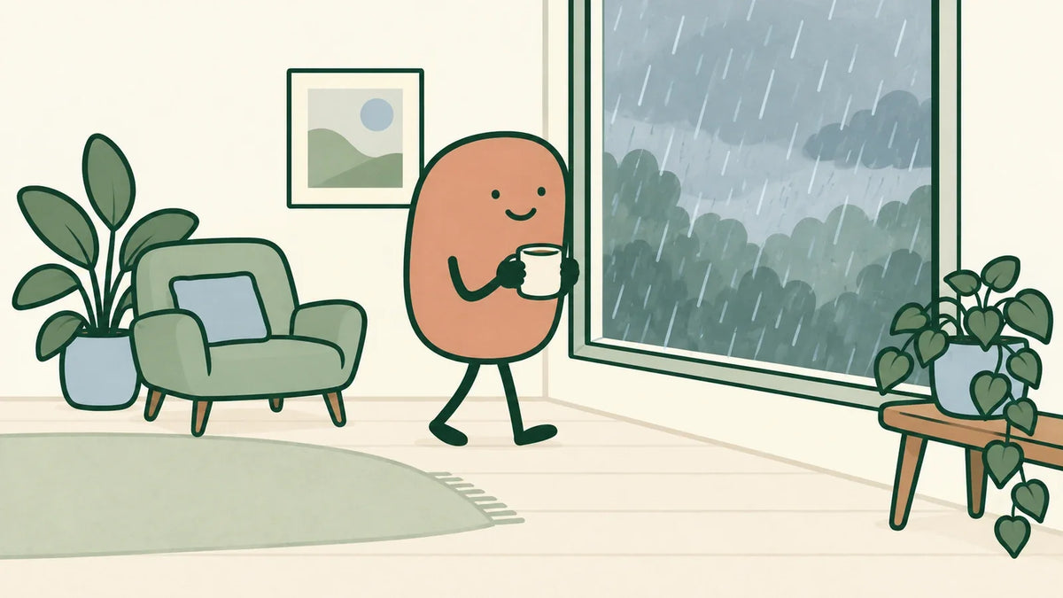 A terracotta character walks beside a rain-streaked window in a living room with clear floor space.
