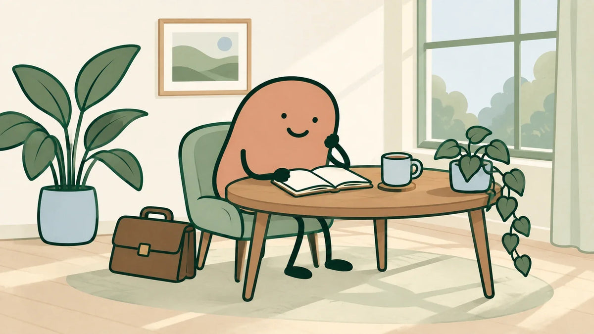 A terracotta character sits with an open notebook and mug at a sunny table, with a briefcase set aside.