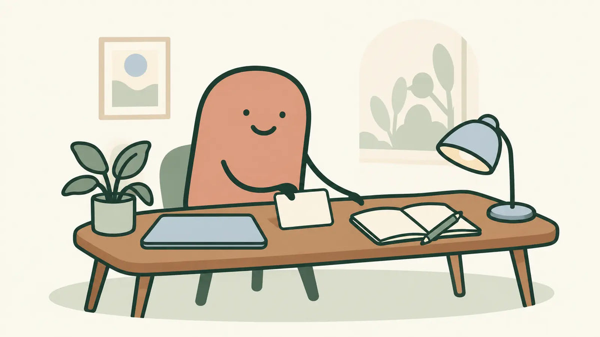 A terracotta character places a blank task card beside an open notebook and a closed laptop.