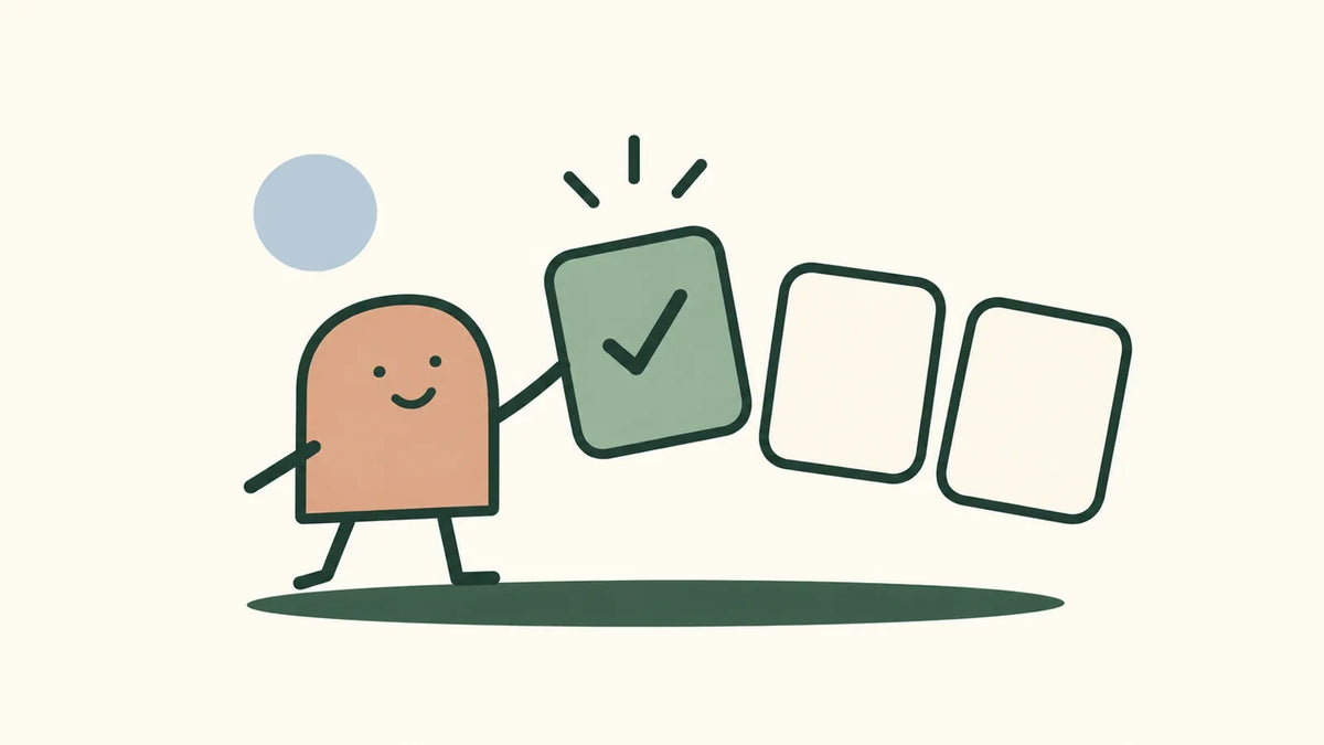 A calm illustrated companion choosing one green action card from two options.