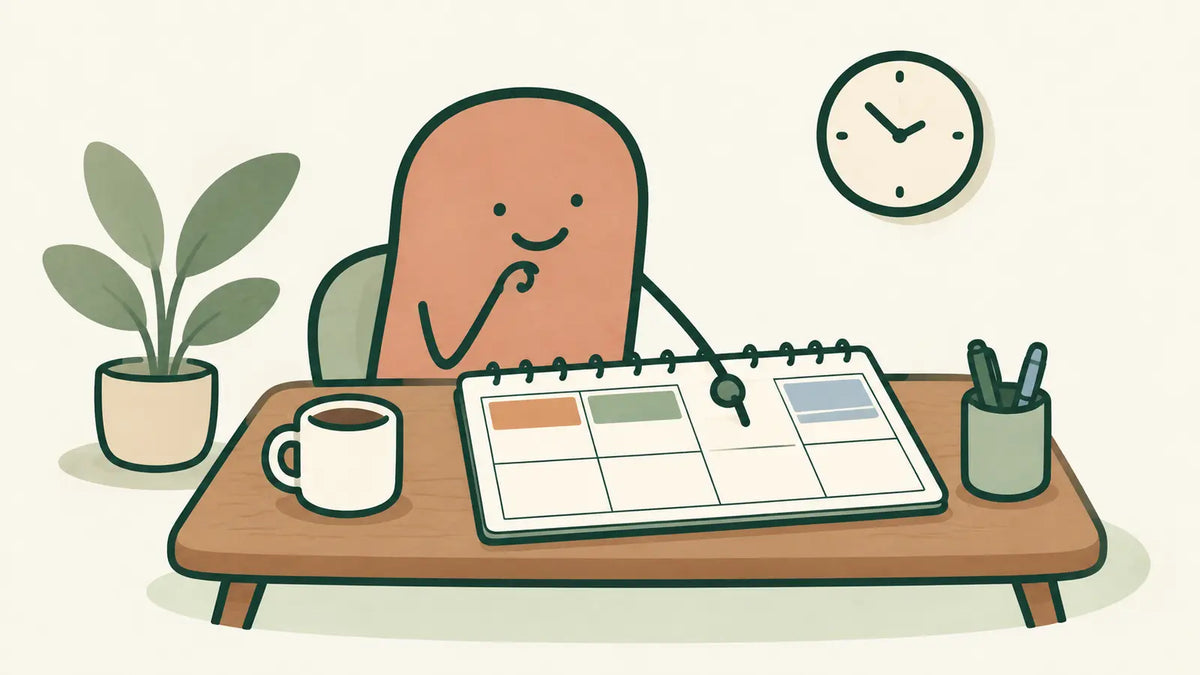 A terracotta character points to an empty space on a desk calendar, with a wall clock nearby.