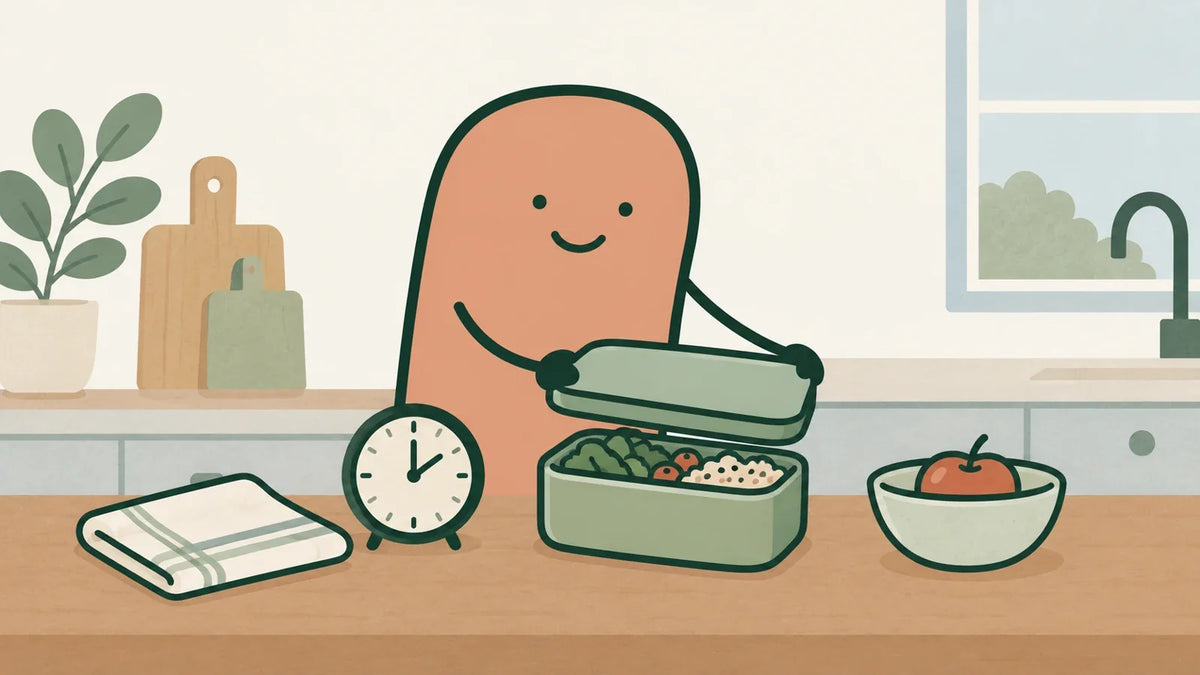 A terracotta character holds a lid above a lunch container beside a clock, folded cloth, and bowl with an apple.