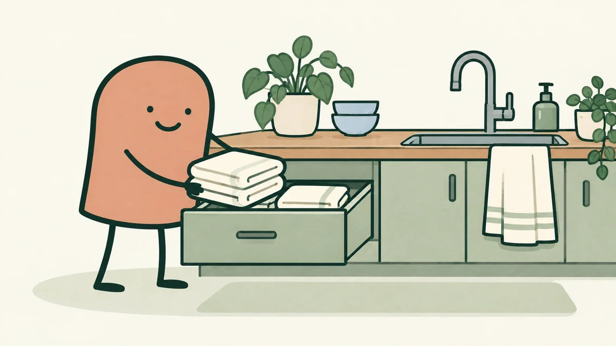 A terracotta character stores folded towels in an open kitchen drawer beside a towel hanging near the sink.