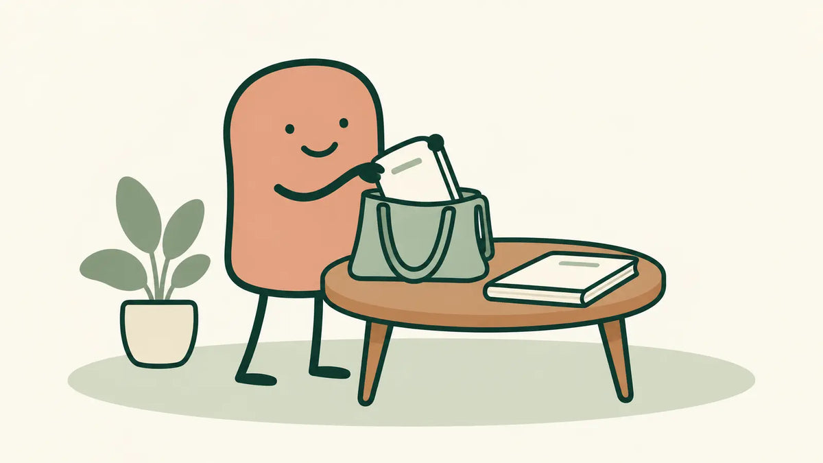 A terracotta character puts a slim notebook into a sage bag while a larger book rests on the table.