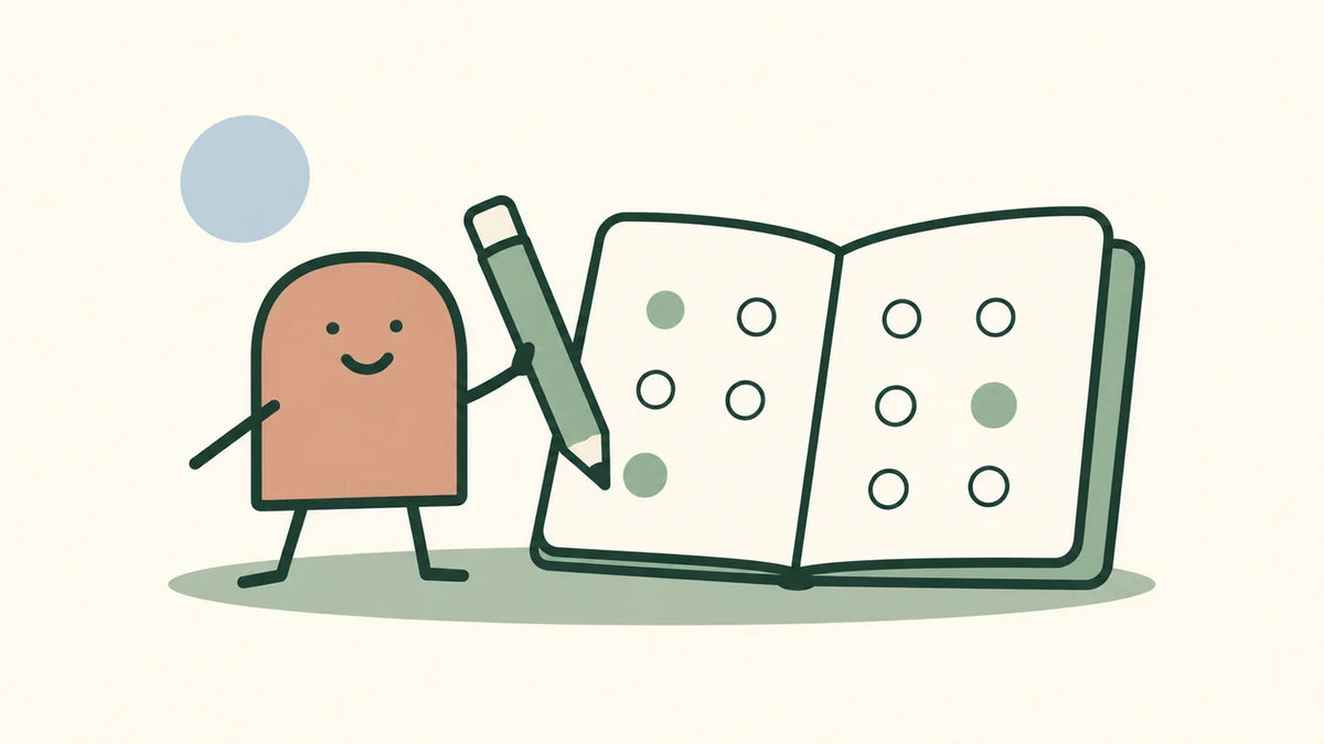 An open notebook with filled and unfilled circles beside a calm illustrated companion.