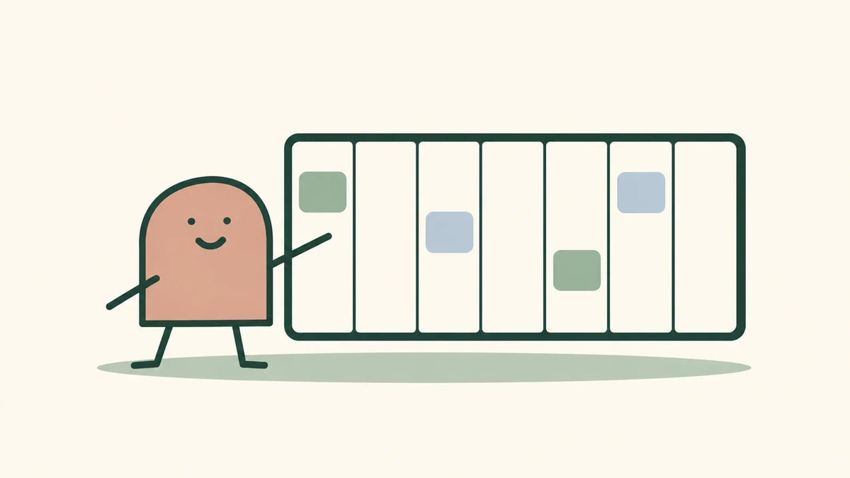 A calm character points to open space in a weekly planner containing a few colored blocks.