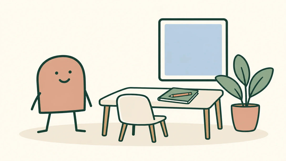 A relaxed character pauses away from a desk with a closed notebook, a window, and a leafy plant.