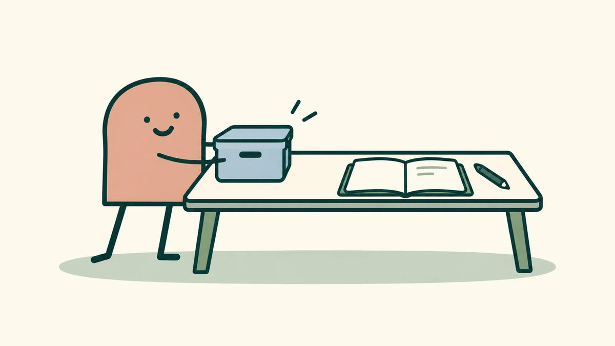 A terracotta character moves a small box aside, leaving a notebook and pencil ready on a clear desk.