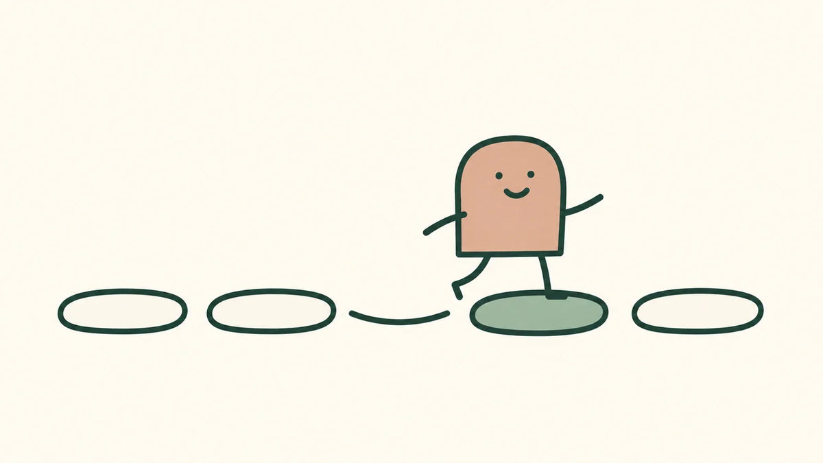 An illustrated companion returning to a path after a gap between stepping stones.