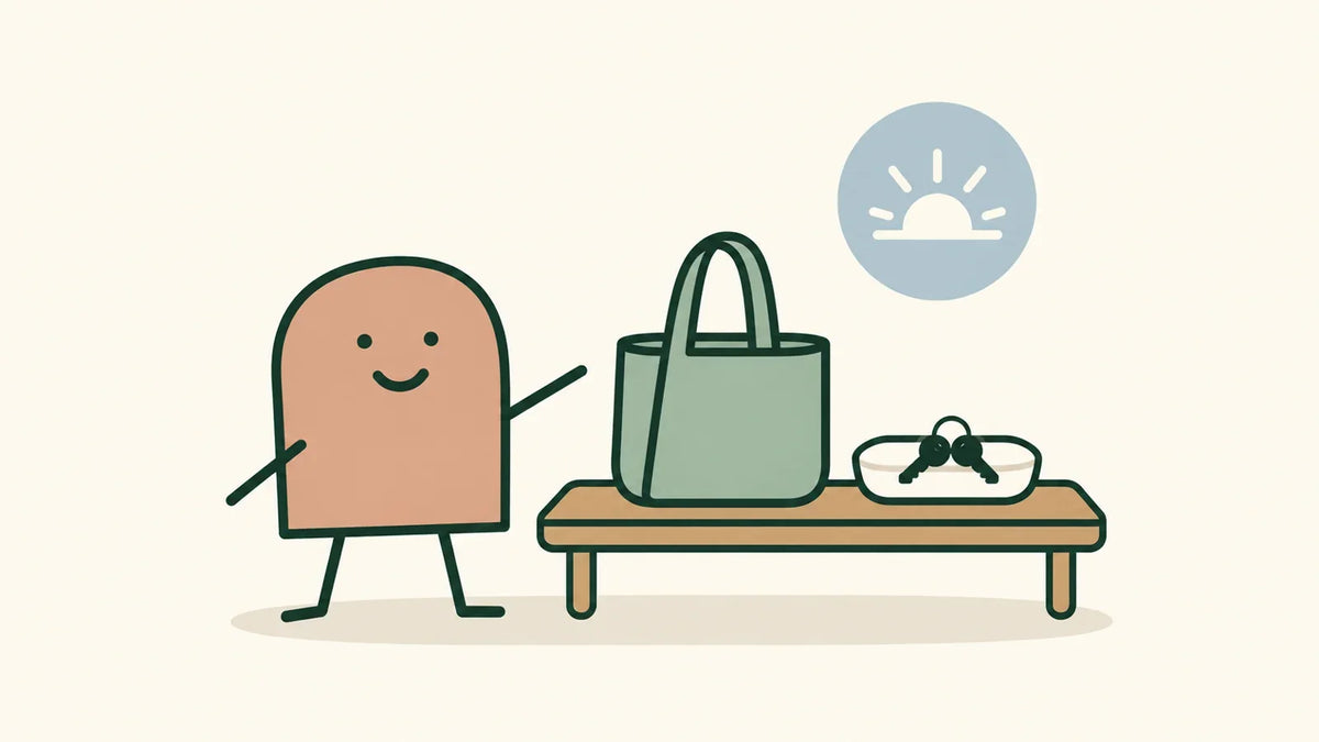 A terracotta character stands beside a prepared bag and keys on a shelf beneath a small sun symbol.